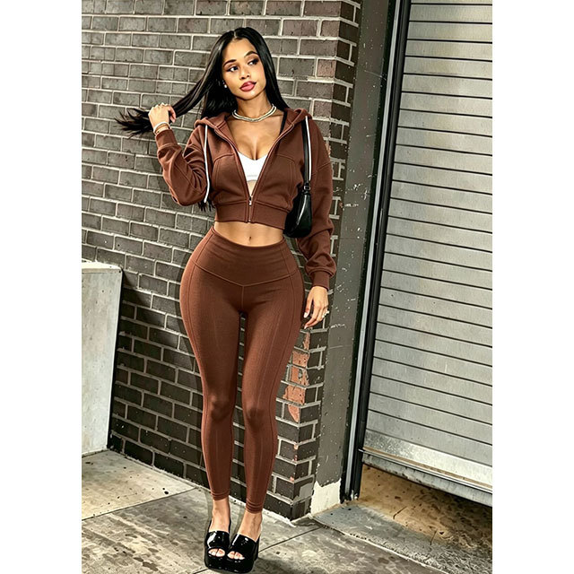 Zip-up Hooded Sweatshirt Top Slim Fitted Pant Set