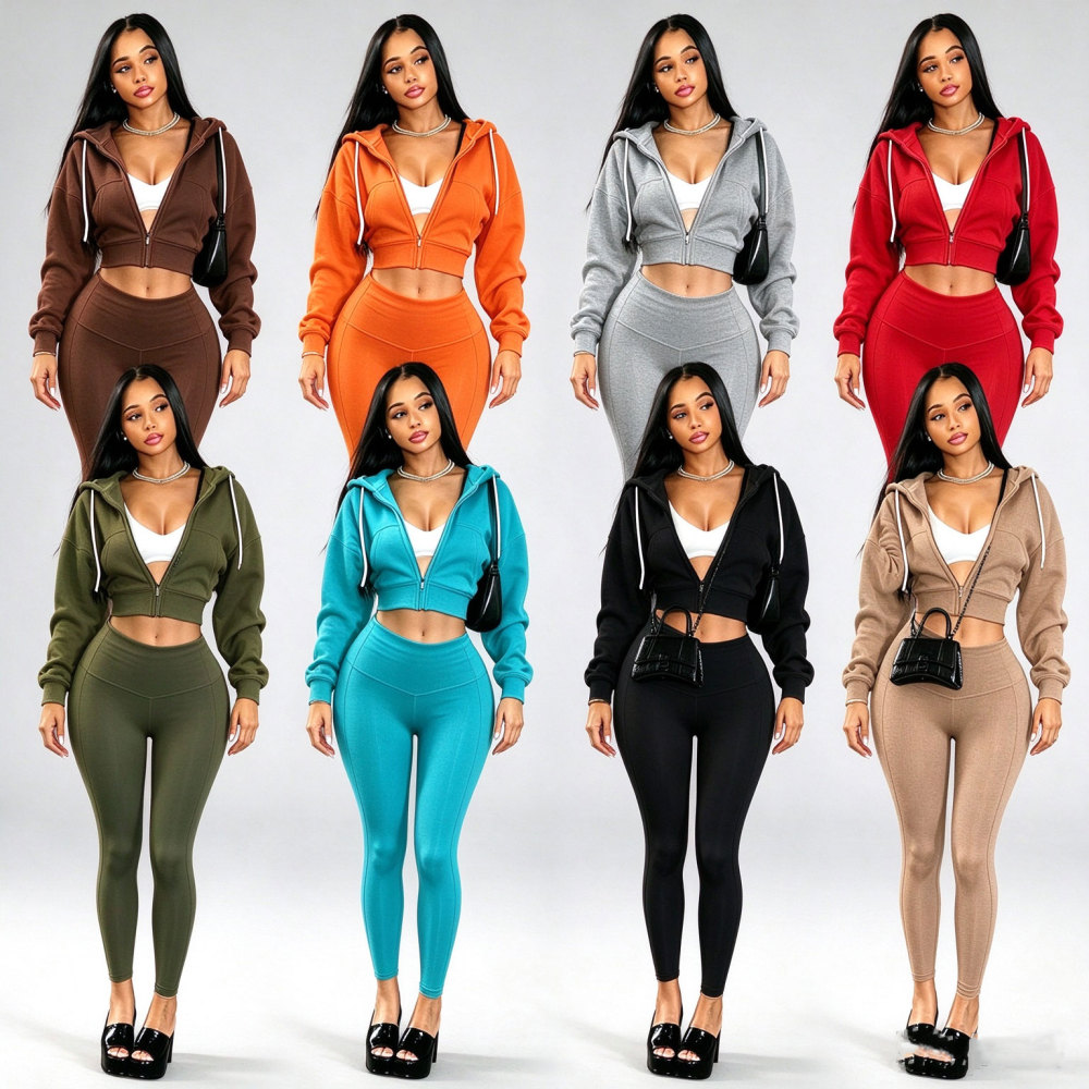 Zip-up Hooded Sweatshirt Top Slim Fitted Pant Set