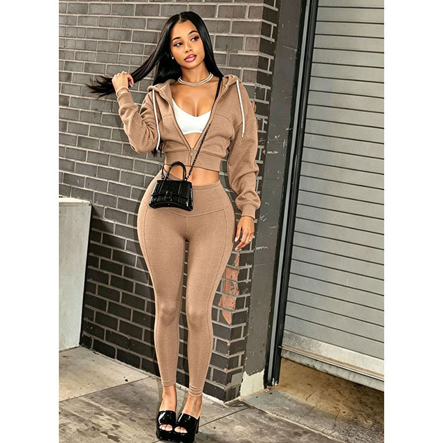 Zip-up Hooded Sweatshirt Top Slim Fitted Pant Set