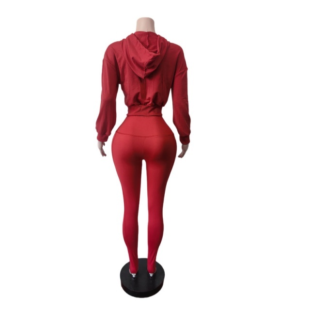 Zip-up Hooded Sweatshirt Top Slim Fitted Pant Set