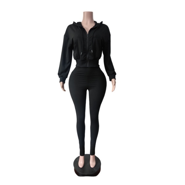 Zip-up Hooded Sweatshirt Top Slim Fitted Pant Set