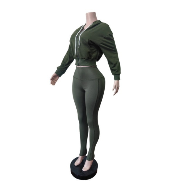 Zip-up Hooded Sweatshirt Top Slim Fitted Pant Set