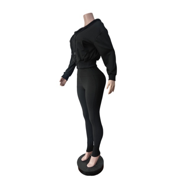 Zip-up Hooded Sweatshirt Top Slim Fitted Pant Set
