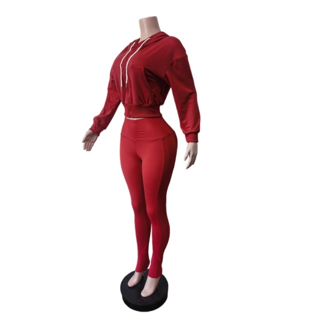 Zip-up Hooded Sweatshirt Top Slim Fitted Pant Set