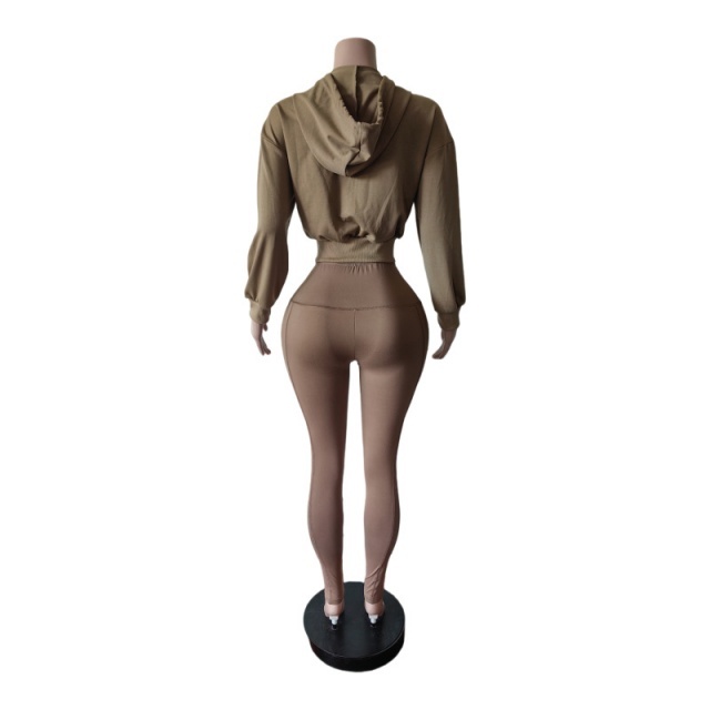Zip-up Hooded Sweatshirt Top Slim Fitted Pant Set