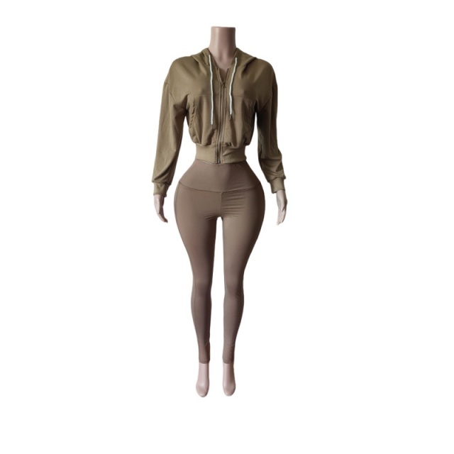 Zip-up Hooded Sweatshirt Top Slim Fitted Pant Set
