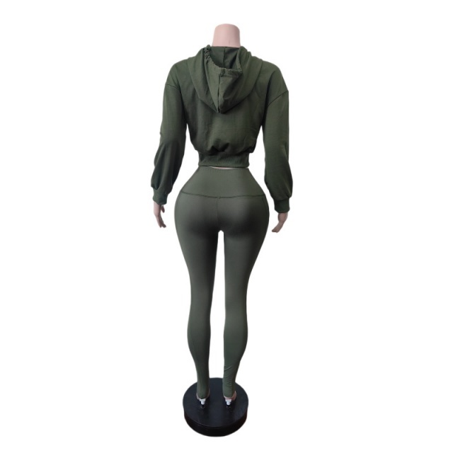 Zip-up Hooded Sweatshirt Top Slim Fitted Pant Set