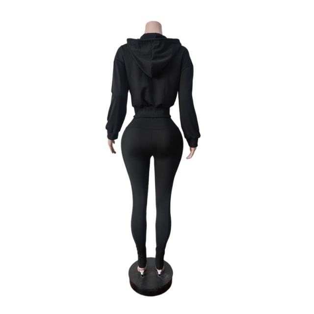 Zip-up Hooded Sweatshirt Top Slim Fitted Pant Set