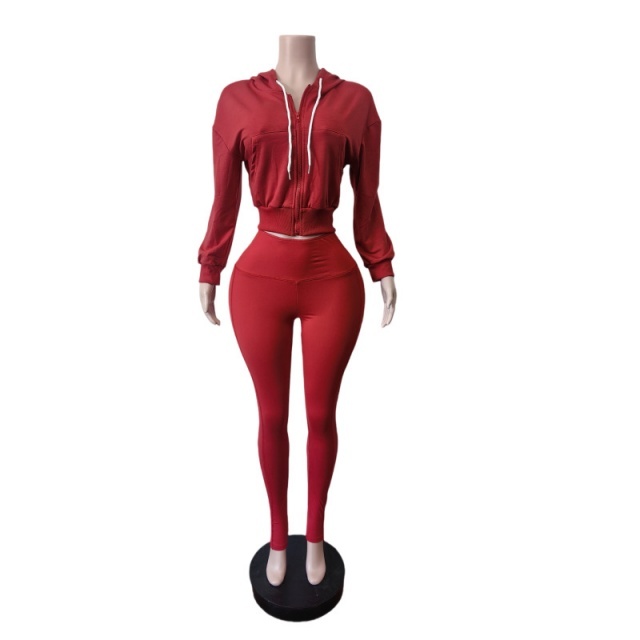 Zip-up Hooded Sweatshirt Top Slim Fitted Pant Set