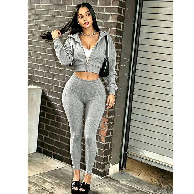 Zip-up Hooded Sweatshirt Top Slim Fitted Pant Set