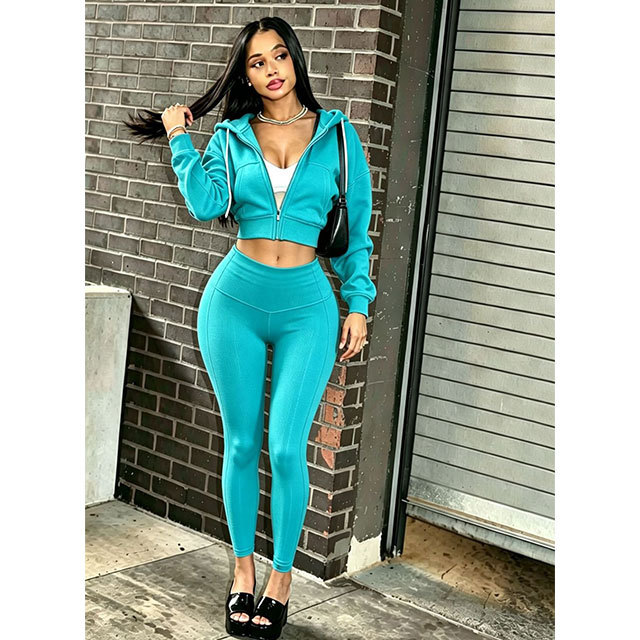 Zip-up Hooded Sweatshirt Top Slim Fitted Pant Set