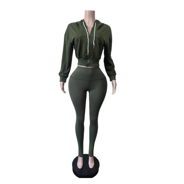 Zip-up Hooded Sweatshirt Top Slim Fitted Pant Set