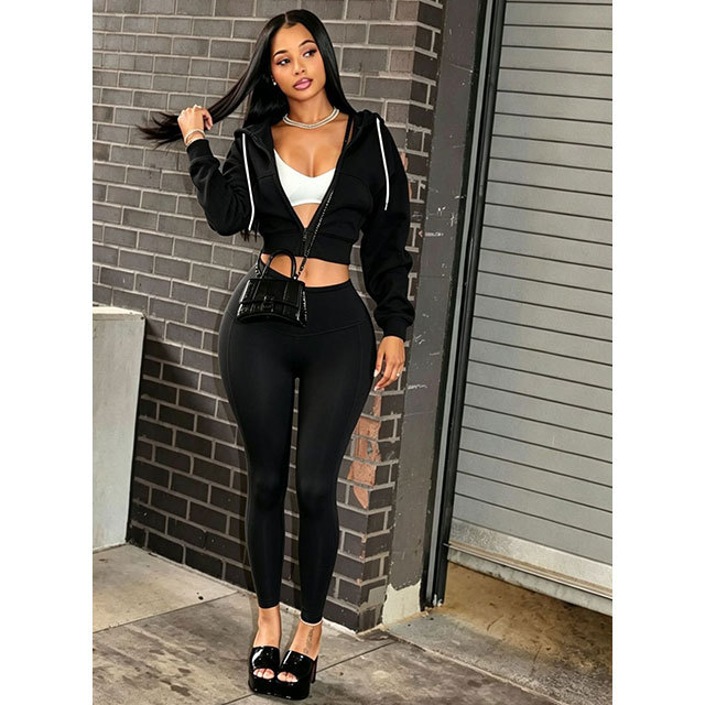 Zip-up Hooded Sweatshirt Top Slim Fitted Pant Set
