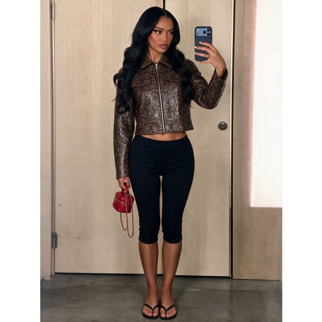 Leather Leopard Print Zipper Jacket