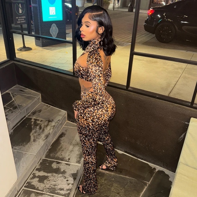 Leopard Print Hollow Out Long Sleeve Jumpsuit
