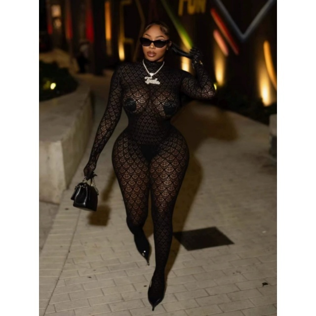 See Through Long Sleeve Backless Lingerie Jumpsuit