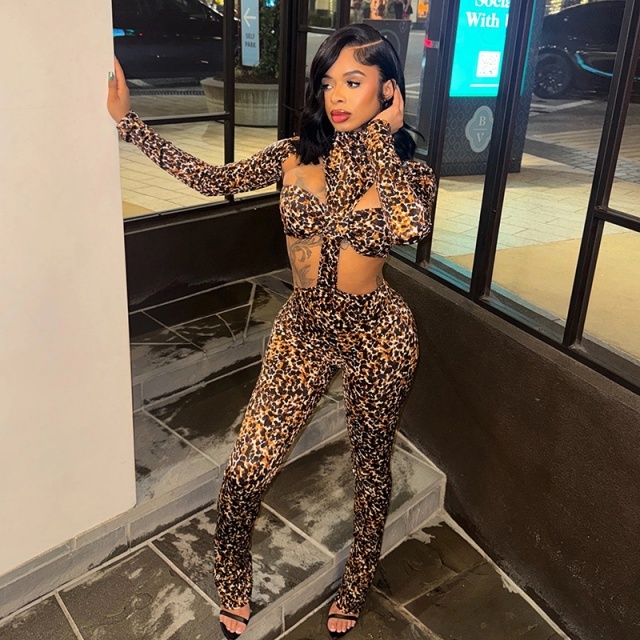 Leopard Print Hollow Out Long Sleeve Jumpsuit