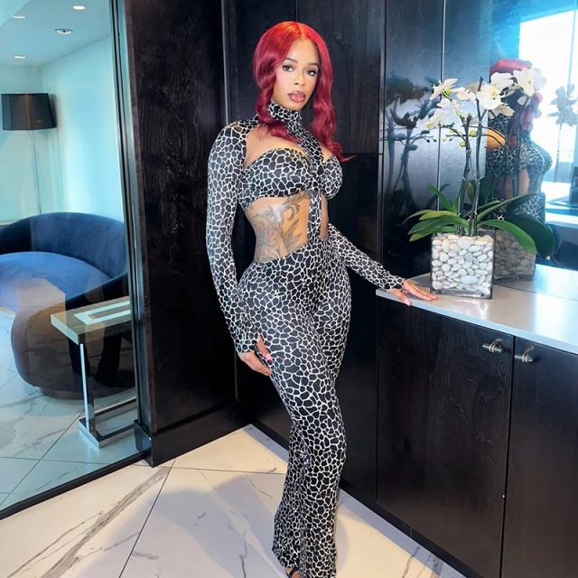 Leopard Print Hollow Out Long Sleeve Jumpsuit
