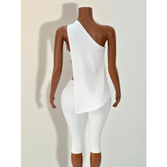 Solid Color Irregular Top Midi Pants Set