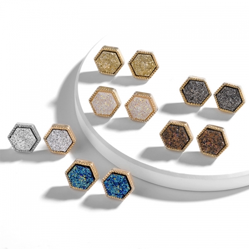 Pretty Cute Druzy Crystal hexagon Prism Stud Earrings Set for Women Girl Fashion Delicate Pierced Jewelry