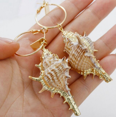 Sandy Tan Brown Colored Seashell Sea Shell Conch Design Fashion Drop Earrings