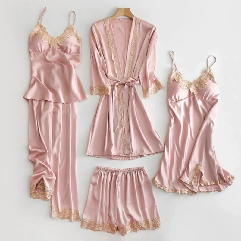 Nevenka Autumn and Winter Pajamas Feminine Suit, Five-piece Silk Thin Nightdress, Ice Silk Ladies Night Gown with Chest Pad