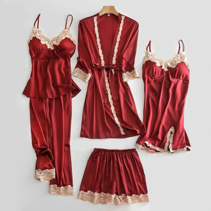 Nevenka Autumn and Winter Pajamas Feminine Suit, Five-piece Silk Thin Nightdress, Ice Silk Ladies Night Gown with Chest Pad