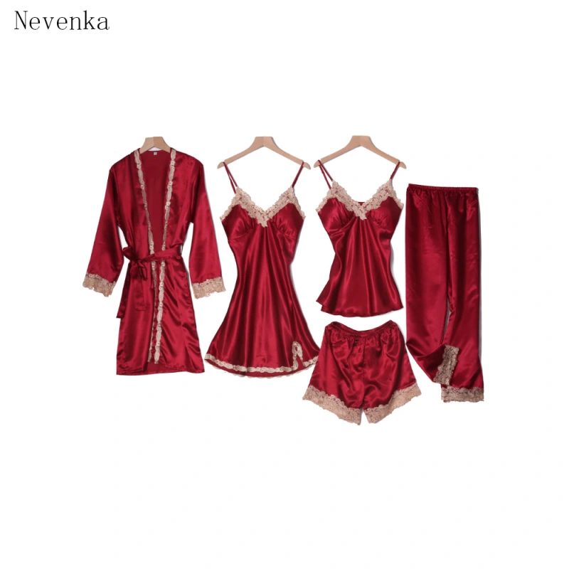 Nevenka Autumn and Winter Pajamas Feminine Suit, Five-piece Silk Thin Nightdress, Ice Silk Ladies Night Gown with Chest Pad