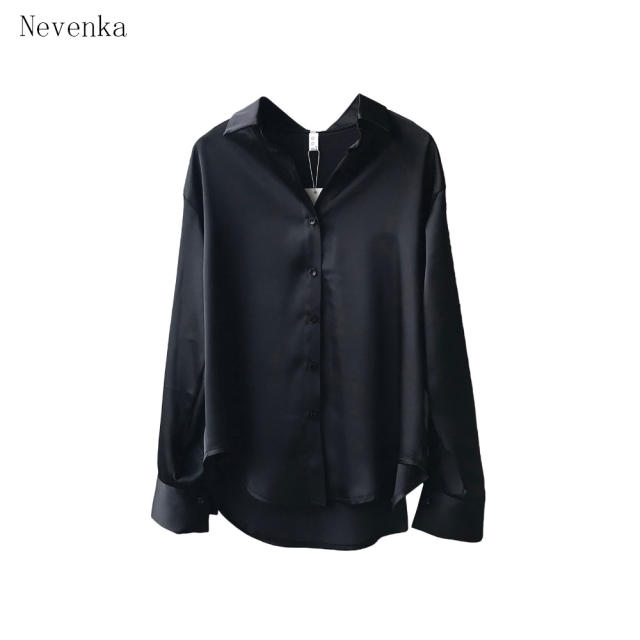 Nevenka Women Pure Color Temperament Loose and Thin Long Sleeve Lapel Shirt Casual Female Shirt