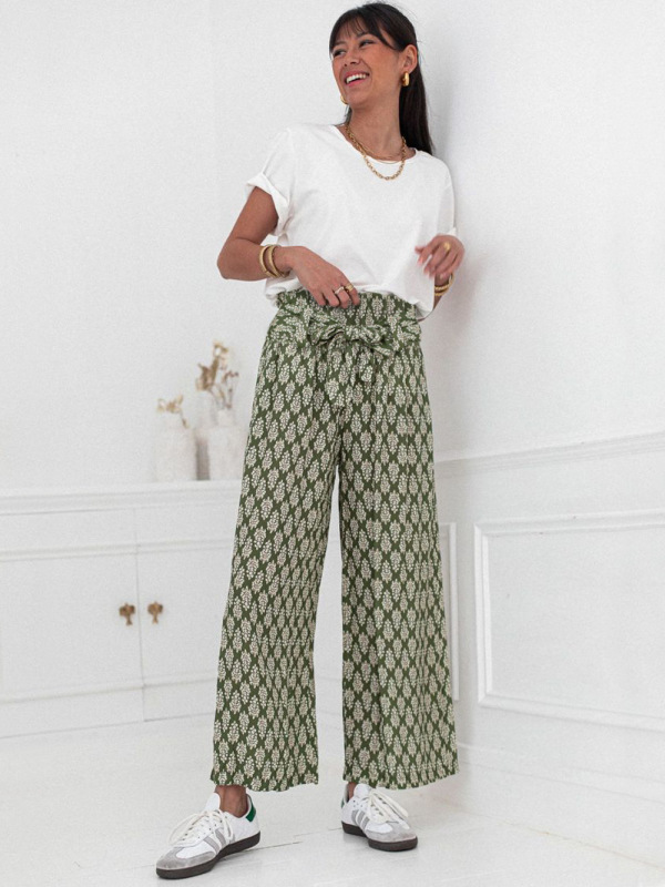 Summer fashion floral elasticated high waisted trousers comfort print loose wide leg trousers women