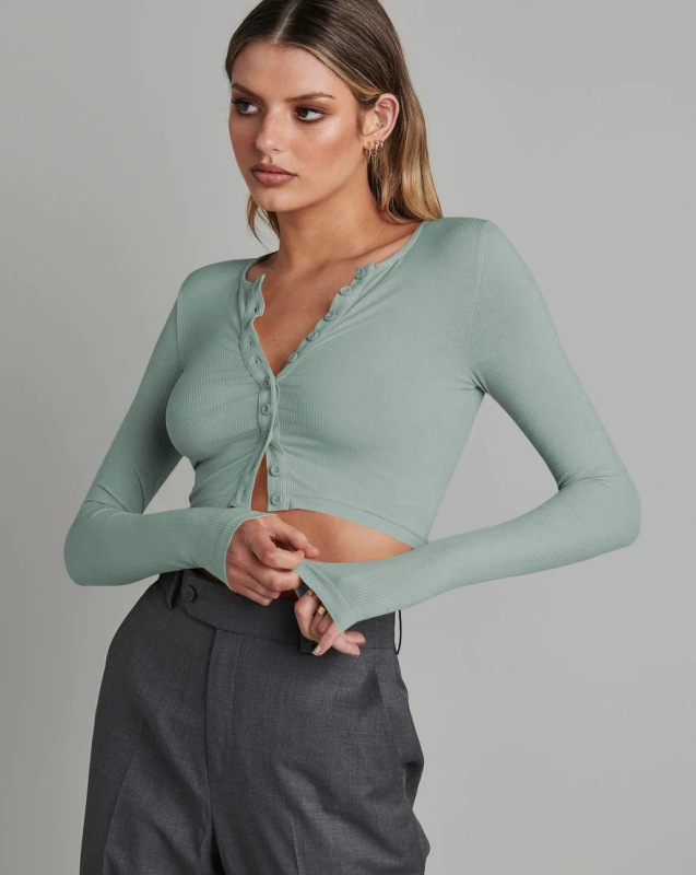 Button-ribbed long-sleeved knit cardigan stylish women's cropped crop top for versatile tops