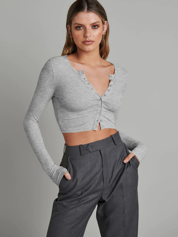 Button-ribbed long-sleeved knit cardigan stylish women's cropped crop top for versatile tops