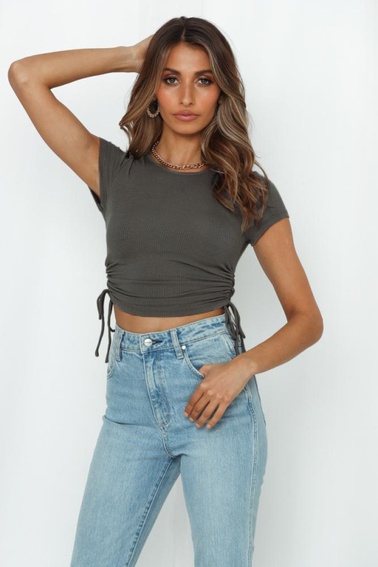 Stylish crop top with cropped drawstring straps with crewneck short sleeve T-shirt