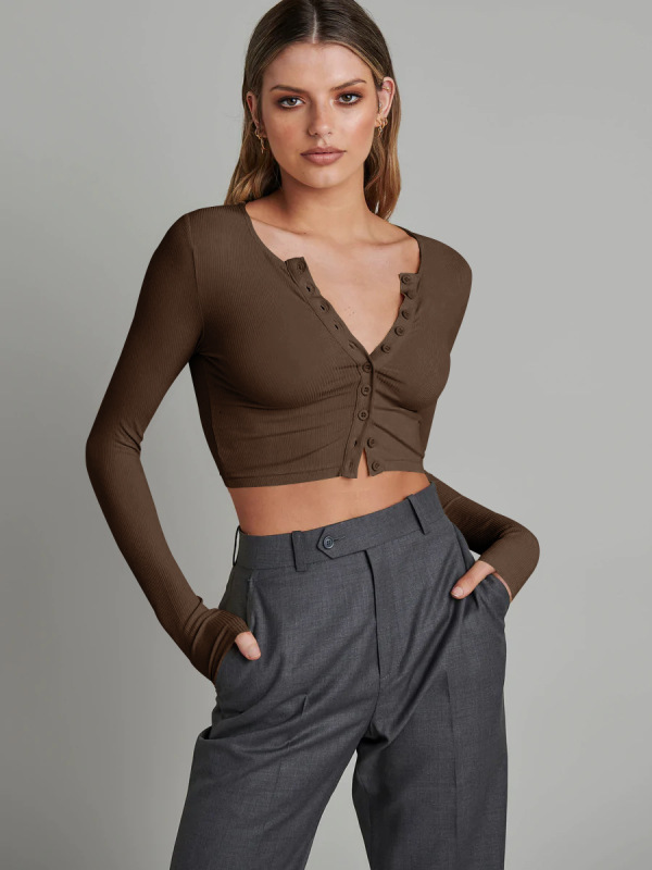 Button-ribbed long-sleeved knit cardigan stylish women's cropped crop top for versatile tops