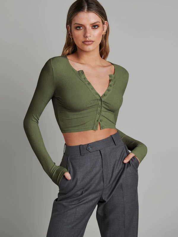 Button-ribbed long-sleeved knit cardigan stylish women's cropped crop top for versatile tops