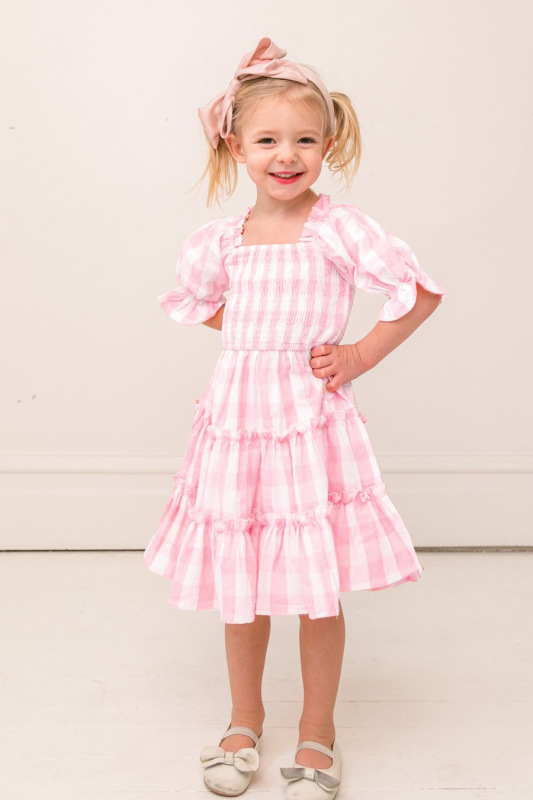 Printed kids cute princess dress square neck, balloon sleeves, floral plaid dress