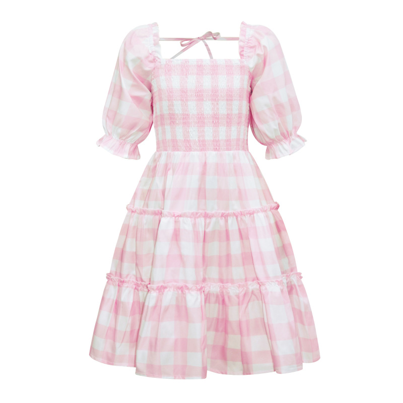 Printed kids cute princess dress square neck, balloon sleeves, floral plaid dress