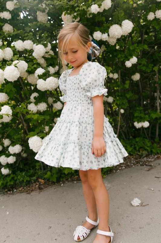 Printed kids cute princess dress square neck, balloon sleeves, floral plaid dress