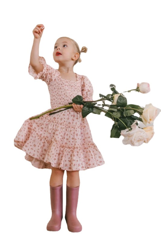 Printed kids cute princess dress square neck, balloon sleeves, floral plaid dress