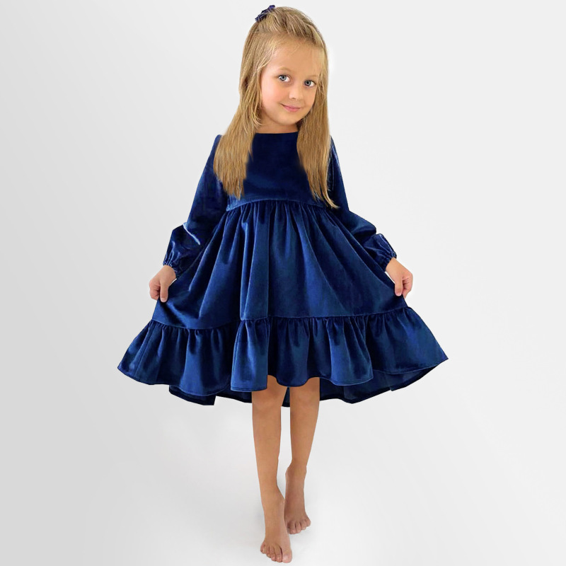 Kids autumn new ruffled long sleeve suede dress party kids princess dress