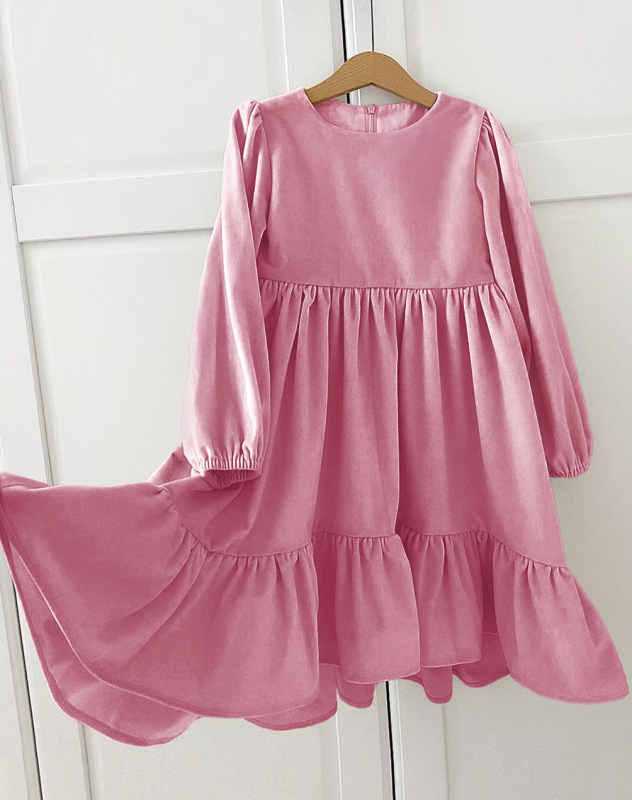 Kids autumn new ruffled long sleeve suede dress party kids princess dress