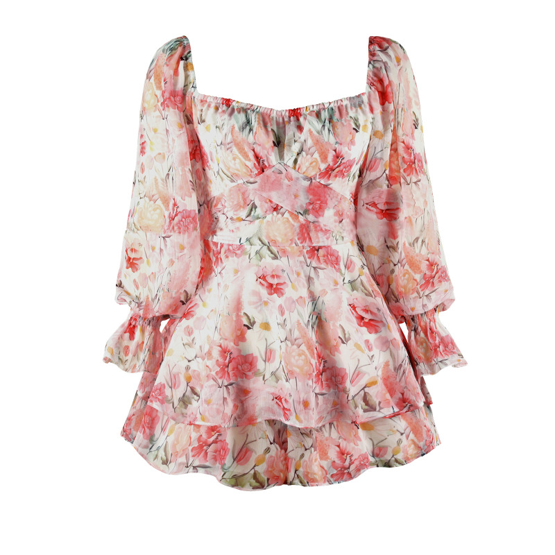 New jumpsuits floral women's backless fashion square neck, long sleeves ruffled shorts