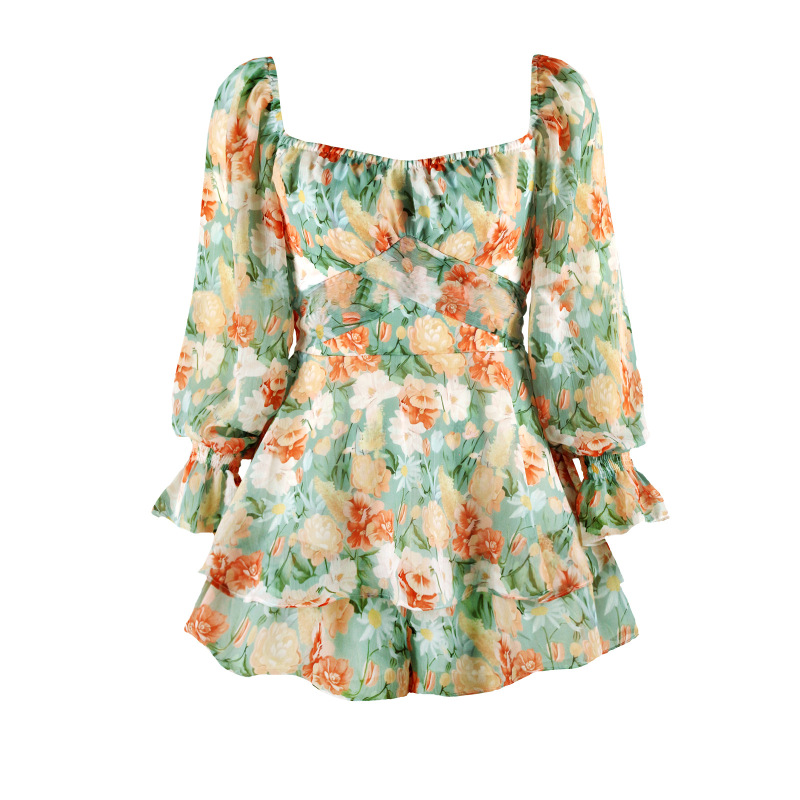 New jumpsuits floral women's backless fashion square neck, long sleeves ruffled shorts