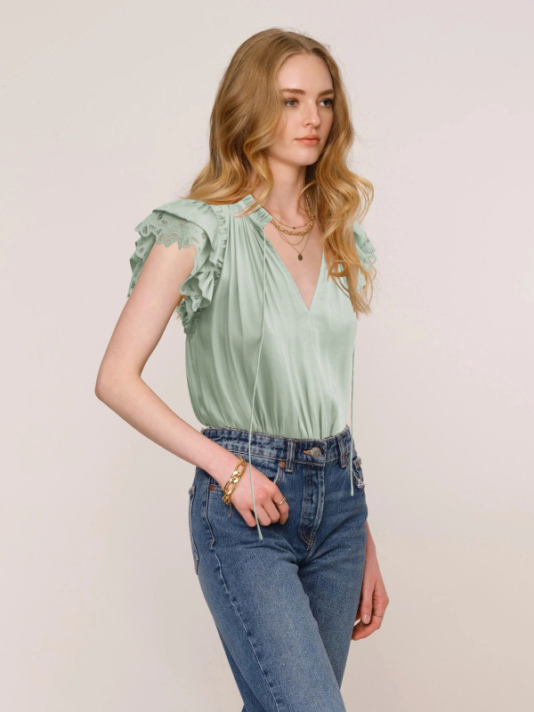 2023 summer V-neck with ruffled lace sleeves casual fashion women's satin premium T-shirt