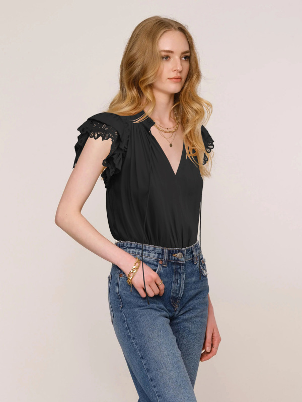 2023 summer V-neck with ruffled lace sleeves casual fashion women's satin premium T-shirt