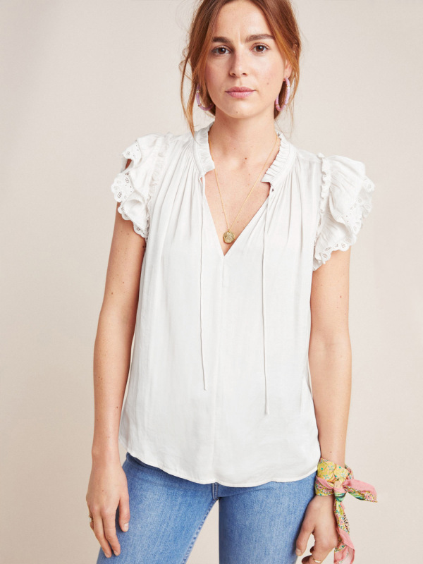 2023 summer V-neck with ruffled lace sleeves casual fashion women's satin premium T-shirt