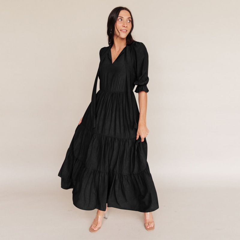 Women's tie rope, middle sleeves, ruffled loose dress, casual long dress