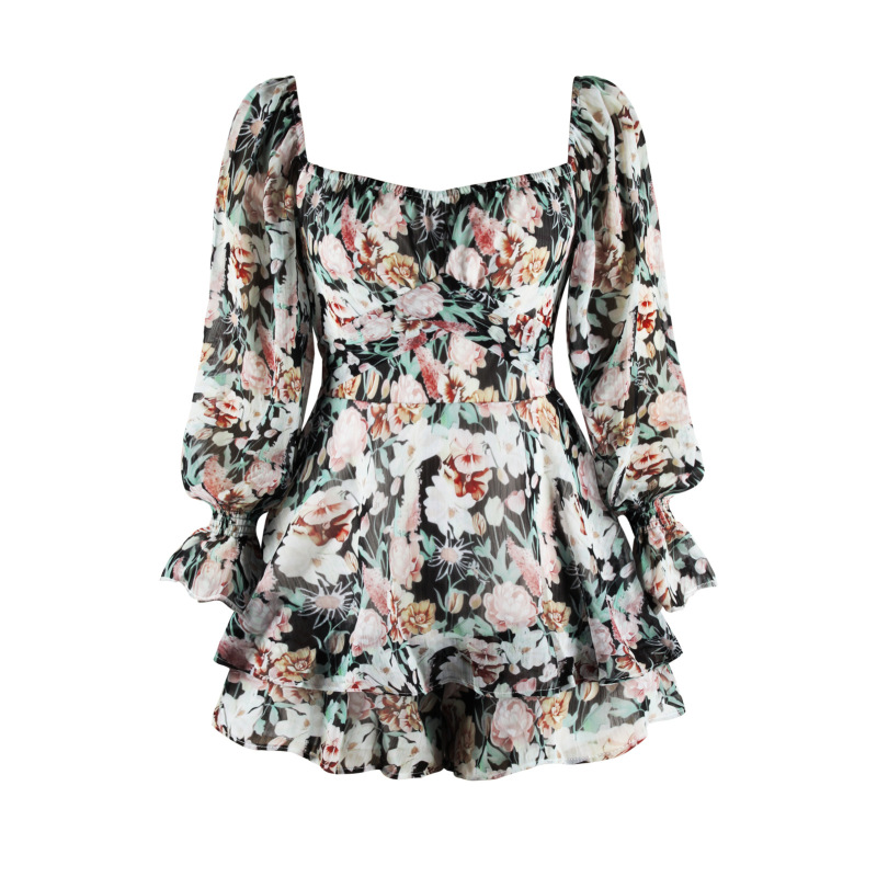 New jumpsuits floral women's backless fashion square neck, long sleeves ruffled shorts