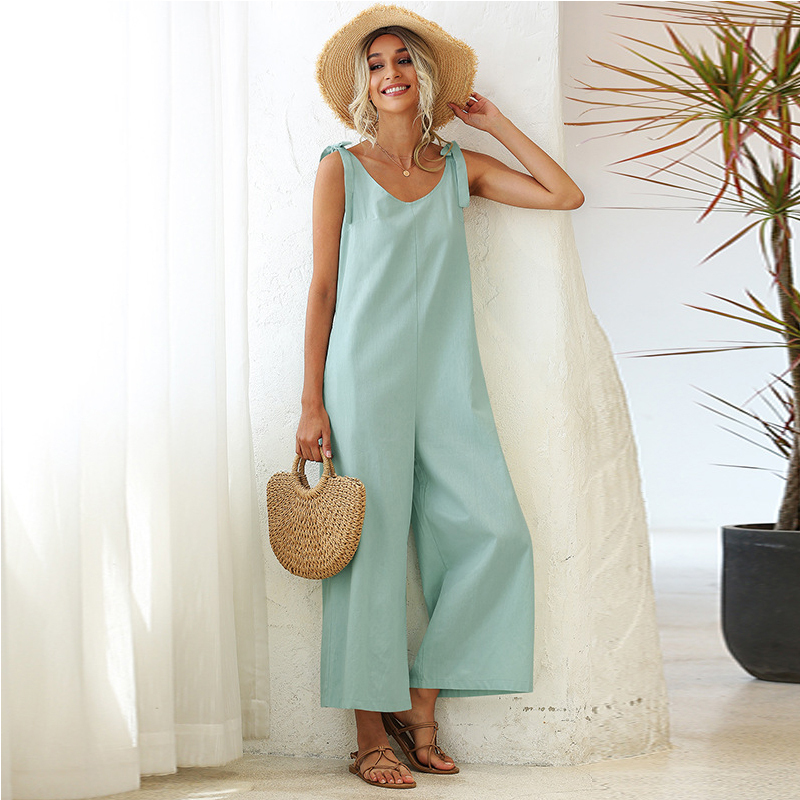 Summer loose solid color straight tube jumpsuit