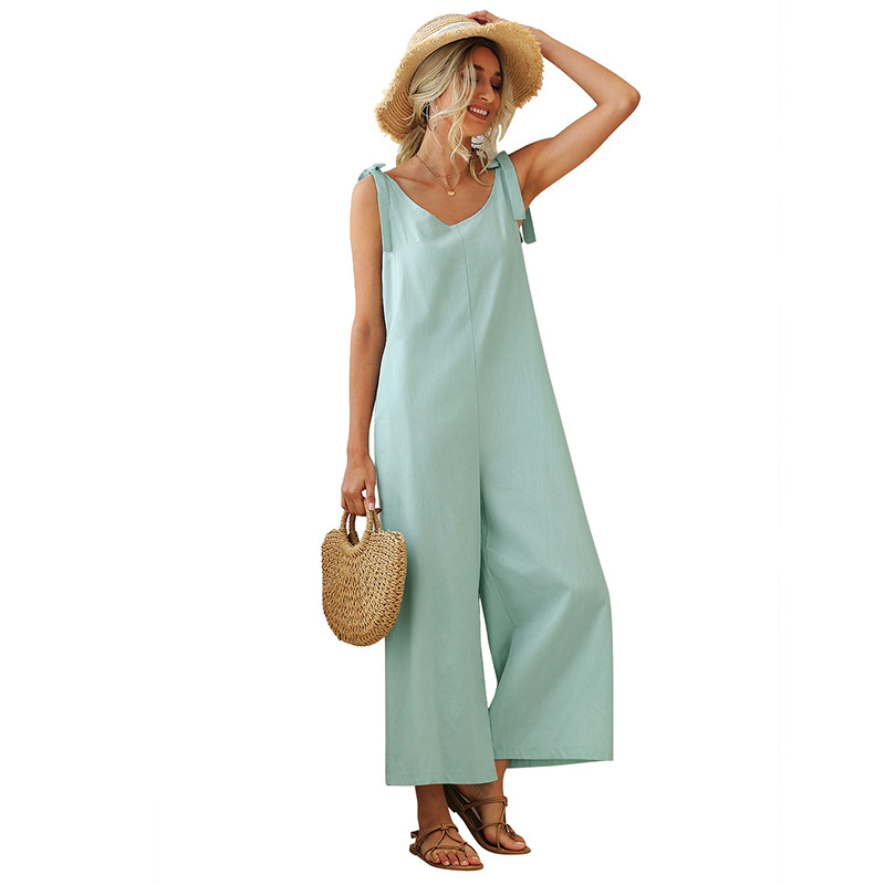 Summer loose solid color straight tube jumpsuit